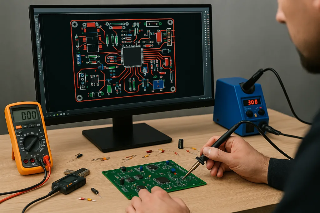 Montaje electrónico de precisión en un entorno técnico profesional, con componentes, herramientas y estación de soldadura, representando procesos de desarrollo de hardware industrial en Zaragoza.