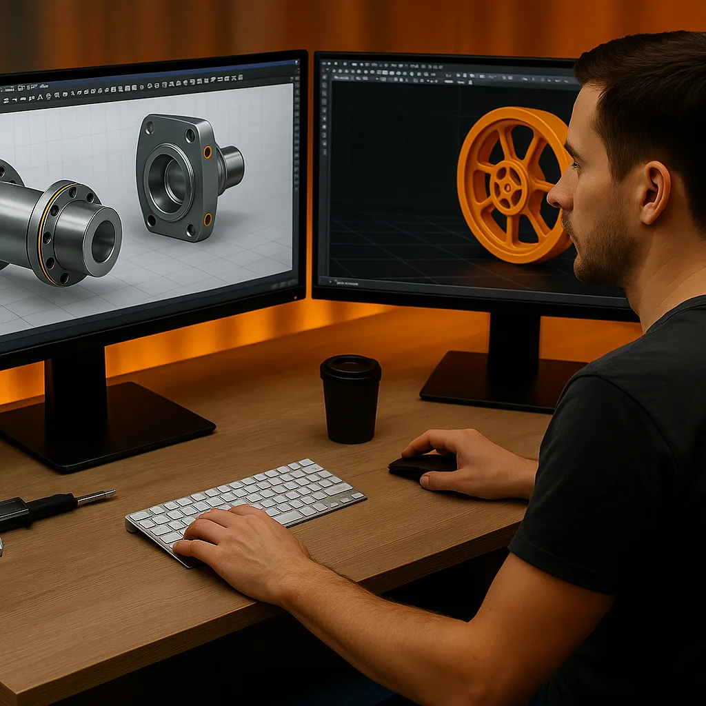 Ingeniero trabajando en oficina técnica con software CAD para diseño 3D industrial de piezas y ensamblajes mecánicos en Zaragoza