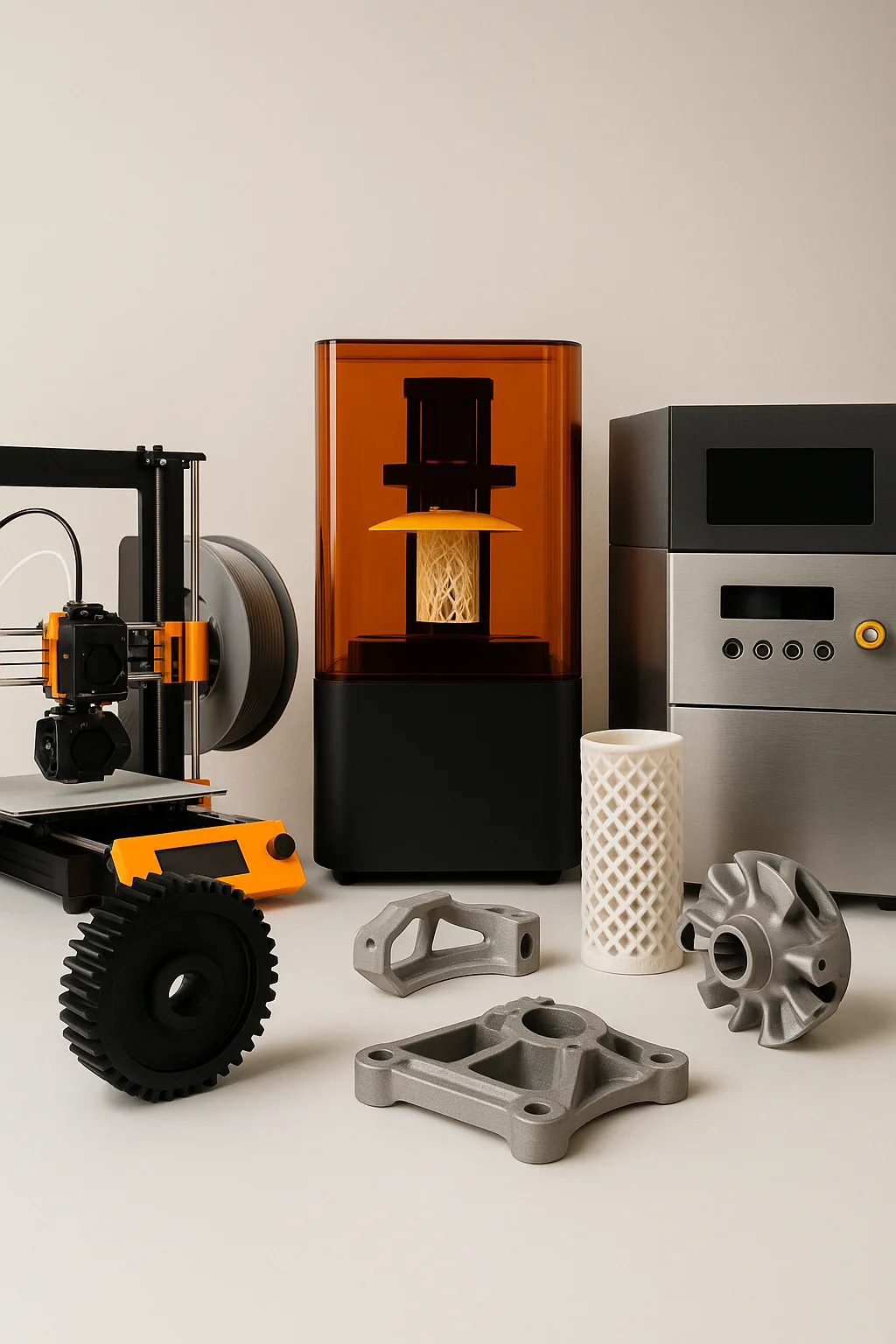 Imagen con varias impresoras 3D de tecnologías FDM, SLA, SLS y DMLS acompañadas de piezas impresas con distintos materiales plásticos y metálicos en un entorno técnico e industrial.