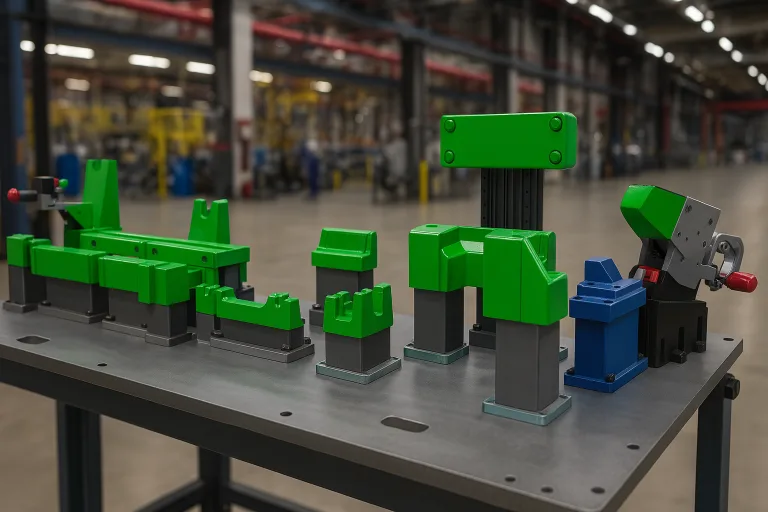 Imagen realista de un fixture industrial 3D en color verde y gris, ubicado en una planta de producción del sector automotriz, diseñado para la sujeción y verificación de piezas durante procesos de inspección de calidad.