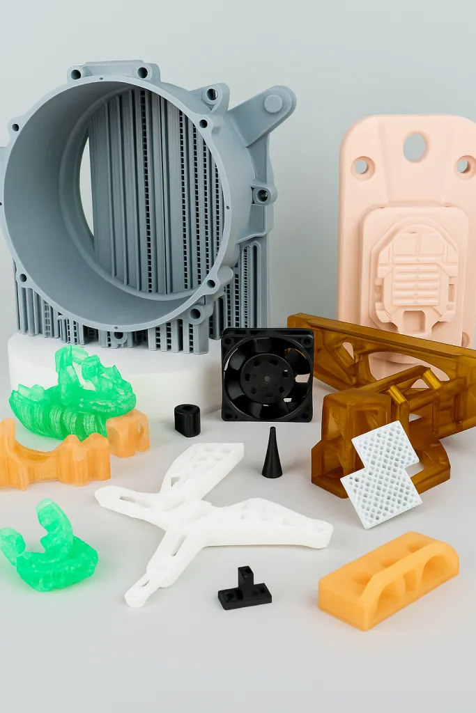 Piezas técnicas impresas en 3D con distintos materiales industriales, ideales para prototipos funcionales, utillajes, soportes y componentes finales personalizados, fabricadas con precisión en taller especializado.