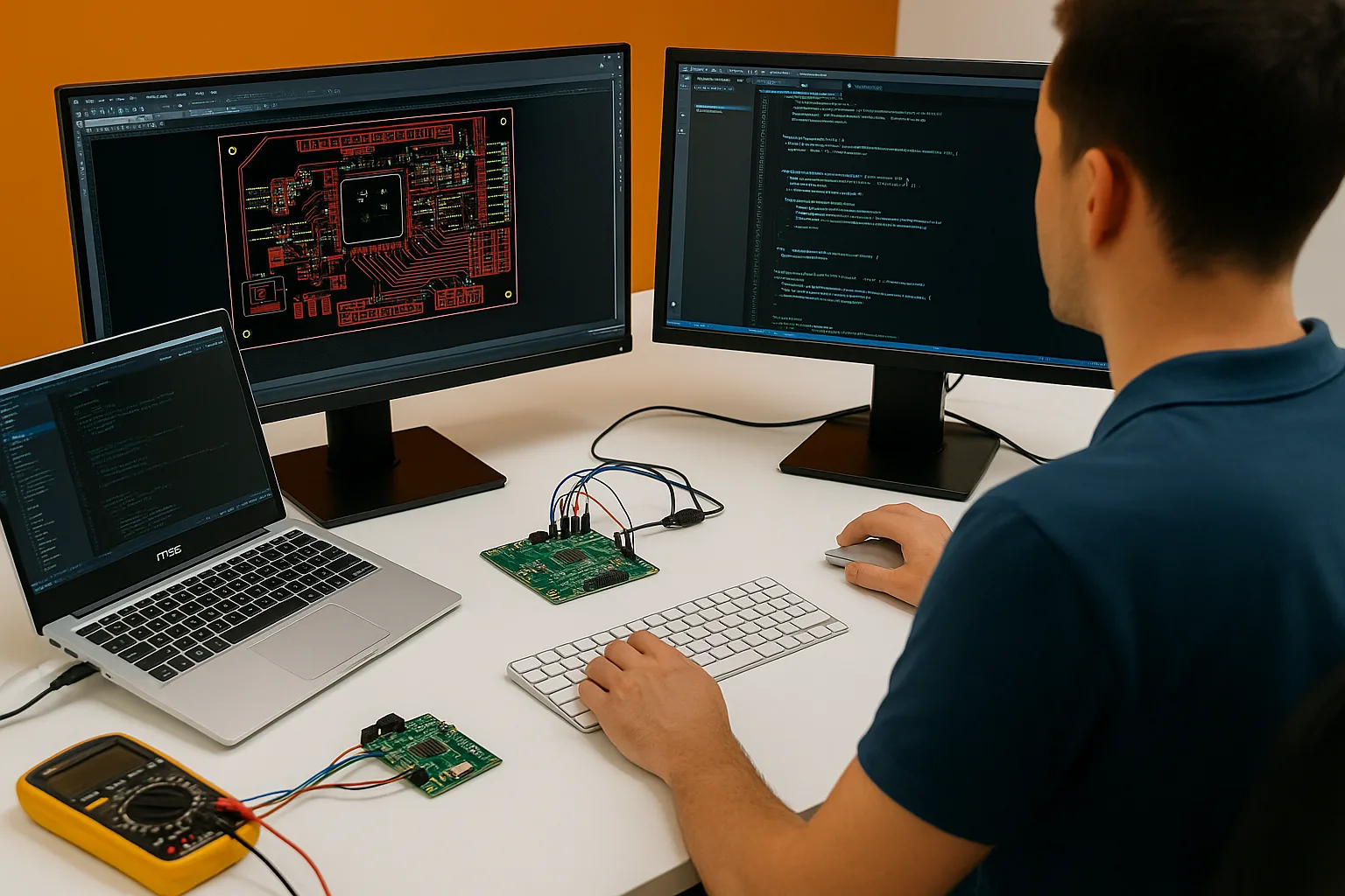 Ingeniero electrónico trabajando en una estación de diseño de hardware con doble monitor, desarrollando y validando circuitos impresos (PCB) en un entorno profesional y corporativo.